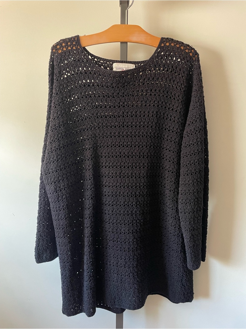 90s Vintage Cotton Ginny Plus Black Crochet Knit Oversized Tunic Sweater